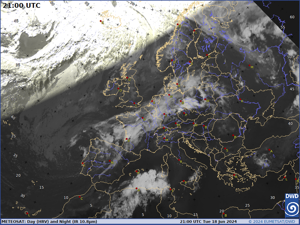 Aktuelles Europabild vom Meteosat (HRV und IR mit topographischem Hintergrund), 3 stündige Aktualisierung