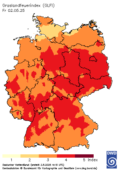 Deutschlandkarte mit dem Tageswert des Grasland-Feuerindex, heute (12 UTC - Wert)