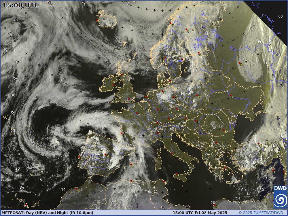 Aktuelles Europabild vom Meteosat (HRV und IR mit topographischem Hintergrund), 3 stündige Aktualisierung