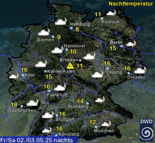 Vorhersage für heute nacht mit Tiefsttemperatur und Wetter für Deutschland Vorhersage für heute nacht mit Tiefsttemperatur und Wetter für Deutschland