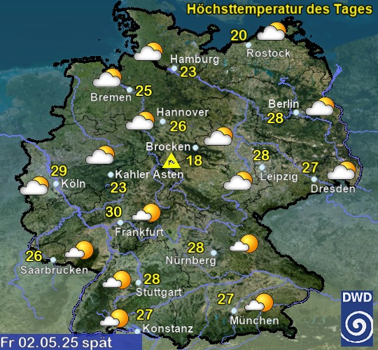 Vorhersage für heute spät mit Höchsttemperatur und Wetter für Deutschland Vorhersage für heute spät mit Höchsttemperatur und Wetter für Deutschland